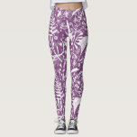 Botanische bladeren en bloemen Paars Leggings<br><div class="desc">Witte botanische bladeren,  loof en bloemsilhouetten op een paarse achtergrond. Originele kunst van Nic Squirrell.</div>