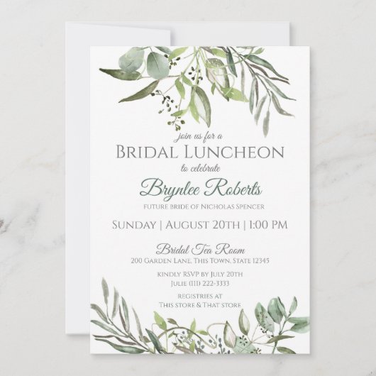 Botanische bladeren en groen bruids lunch kaart (Voorkant)