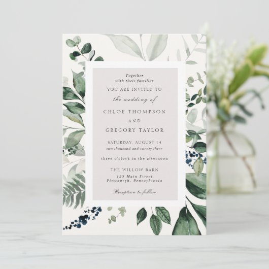 Botanische bladeren en groen bruiloft kaart (Staand voorkant)