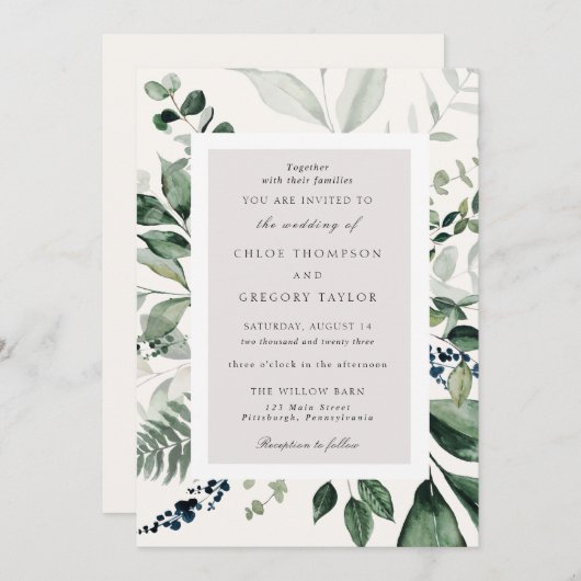 Botanische bladeren en groen bruiloft kaart (Voorkant / Achterkant)