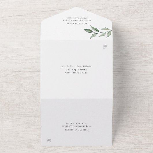 Botanische bladeren en groene bruiloft all in one uitnodiging (Buitenkant)