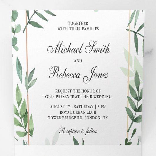 Botanische bladeren Foto Collage Groen Bruiloft Drieluik Uitnodiging (Binnenzijde eerst)