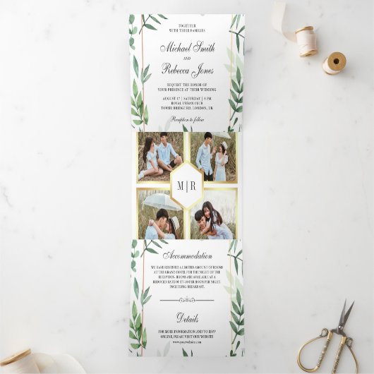 Botanische bladeren Foto Collage Groen Bruiloft Drieluik Uitnodiging (Binnen)