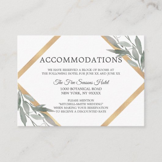Botanische bladeren Goud Bruiloft ACCOMMODATIE Informatiekaartje (Voorkant)
