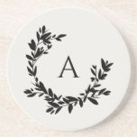 Botanische bladeren Initiaal monogram ivoor en zwa Zandsteen Onderzetter<br><div class="desc">Met de hand getrokken krescerende poot van bladeren en lauweren omringt uw monogram of initiaal. Klik de aanpassingsknoop om de achtergrondkleur te veranderen of meer tekst toe te voegen.</div>
