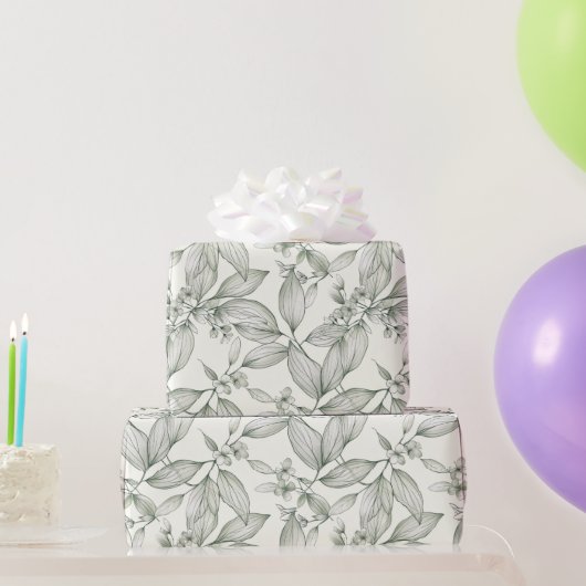 Botanische bladeren lijnen wit cadeaupapier (Feestgeschenken)