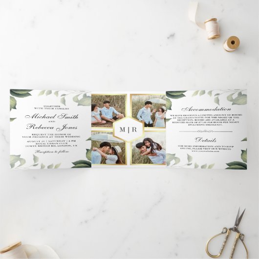 Botanische bladeren loof foto collage bruiloft drieluik uitnodiging (Binnen)