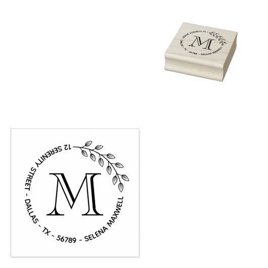 Botanische bladeren met rond monogram rubberstempel (Gestempeld)