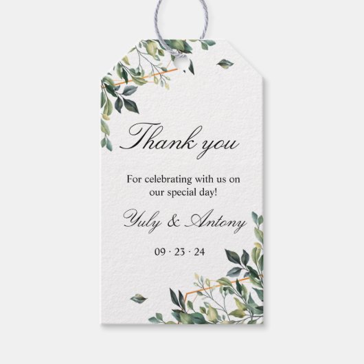 Botanische bladeren, moderne dank u huwelijkscadea cadeaulabel (Voorkant)