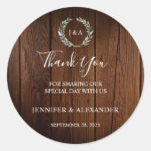 Botanische bladeren op schuurhout dank u bruiloft ronde sticker (Voorkant)