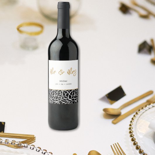 Botanische bladeren patroon Mr. & Mrs Naam Datum Wijn Etiket