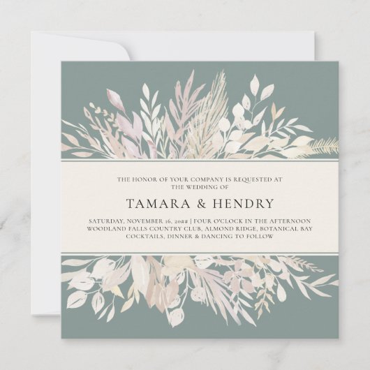 Botanische bladeren Sage Green Square Weddenschap Kaart (Voorkant)