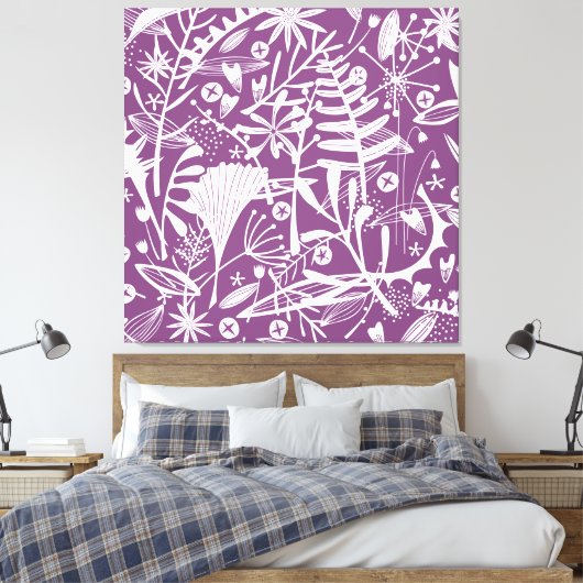 Botanische bladeren Silhouet Paarse en wit Canvas Afdruk (Insitu (Slaapkamer))