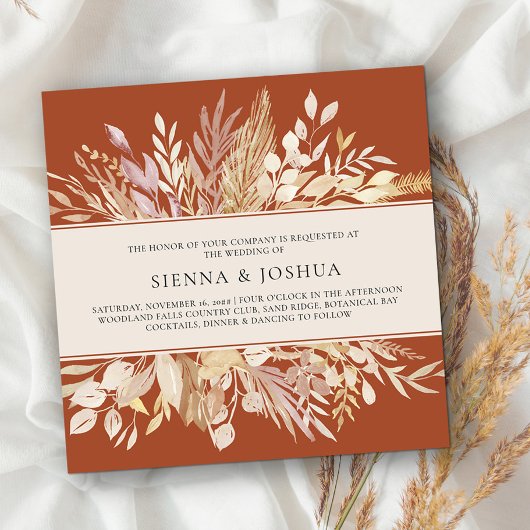 Botanische bladeren Terracotta Cream Square Wedden Kaart