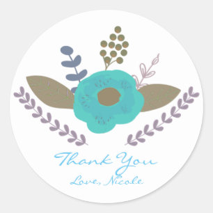 Botanische bladeren & turkooisblauwe bloemensticke ronde sticker