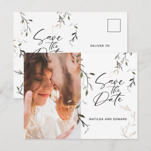 Botanische bladfotobruiloft met kettingblad aankondigingskaart (Voorkant / Achterkant)