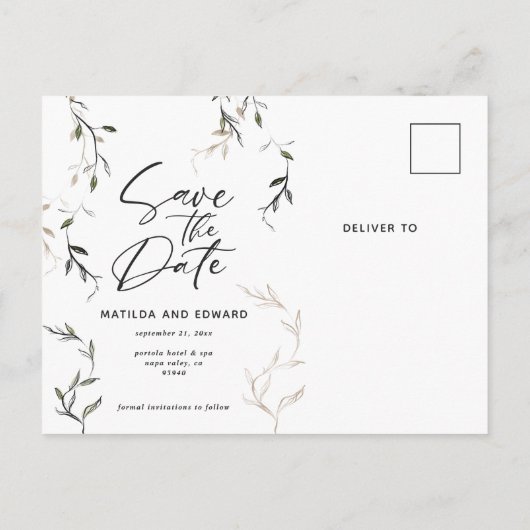 Botanische bladfotobruiloft met kettingblad aankondigingskaart (Achterkant)