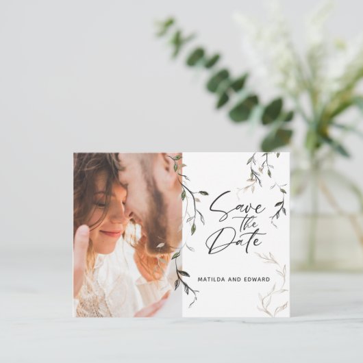 Botanische bladfotobruiloft met kettingblad aankondigingskaart (Staand voorkant)