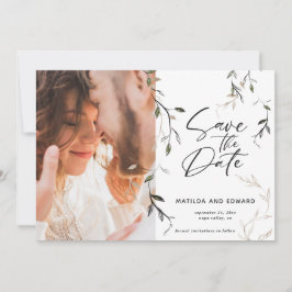 Botanische bladfotobruiloft met kettingblad save the date