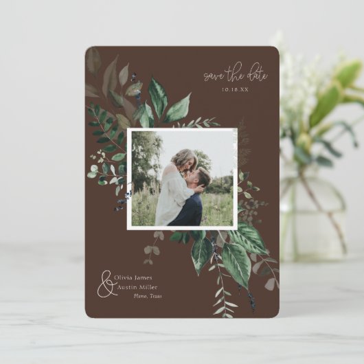 Botanische bladgroene fotolijst save the date (Staand voorkant)