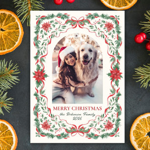 Botanische bladgroene rode boog boog foto Kerstmis Feestdagenkaart