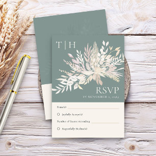 Botanische bladgroene saliegroene monogram bruilof RSVP kaartje
