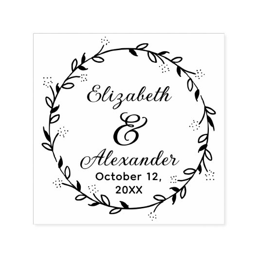 Botanische Bladkrans #14 Paar Namen Datum Script Zelfinktende Stempel (Design)