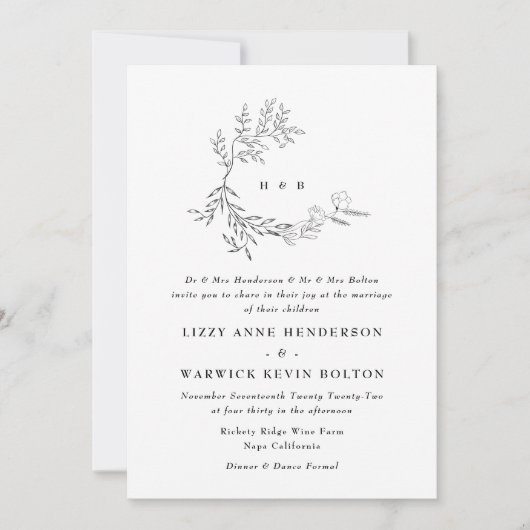 Botanische Bladrijke Bloemige Monogram Krans Bruil Kaart (Voorkant)