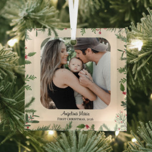 Botanische Bladwerk Kader Baby Eerste Kerst Foto Glas Ornament