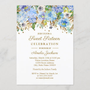 Botanische Blauw Gouden Bloem Sweet Sixteen Birthd Kaart