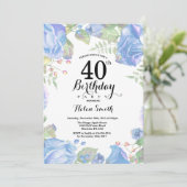 Botanische Blauwe Bloemen 40ste Verjaardag Uitnodi Kaart (Staand voorkant)