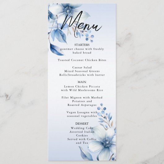 Botanische Blauwe Bloemen Bruiloft Menu (Voorkant)
