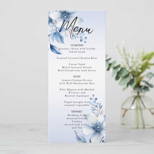 Botanische Blauwe Bloemen Bruiloft Menu (Staand voorkant)