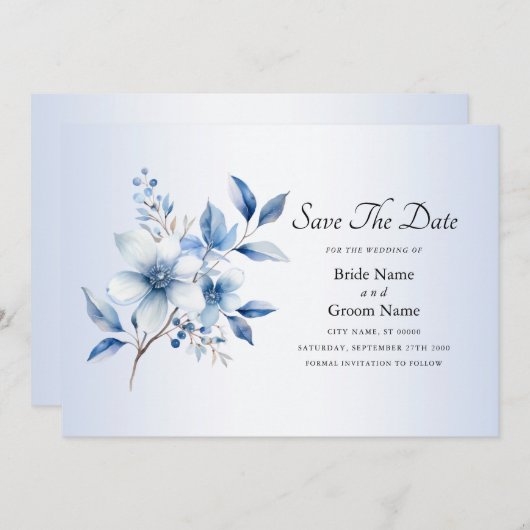Botanische blauwe bloemen sparen de datum save the date (Voorkant / Achterkant)
