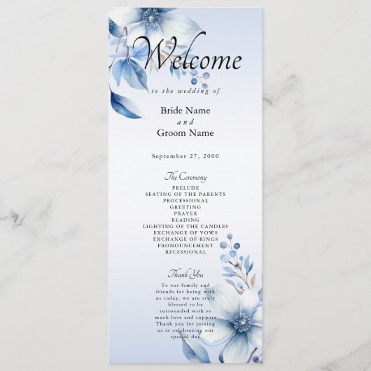 Botanische Blauwe Bloemen Trouwprogramma Programmakaart (Voorkant)