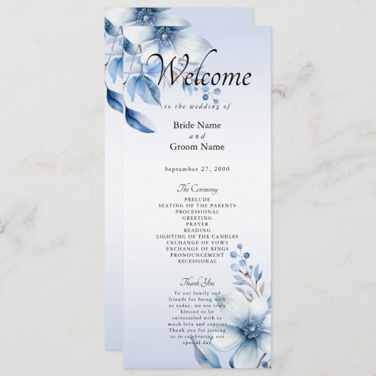 Botanische Blauwe Bloemen Trouwprogramma Programmakaart (Voorkant / Achterkant)