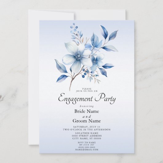 Botanische Blauwe Bloemen Verloving Uitnodiging (Voorkant)