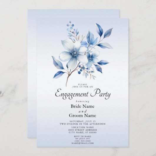 Botanische Blauwe Bloemen Verloving Uitnodiging (Voorkant / Achterkant)