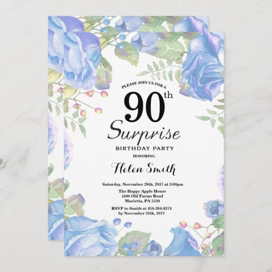Botanische Blauwe Bloemen Verrassing 90ste Verjaar Kaart (Voorkant / Achterkant)