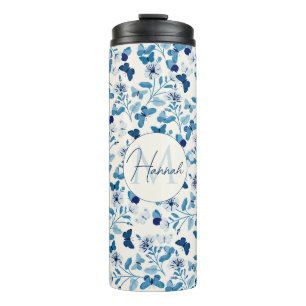 Botanische Blauwe Cream Bloemen en Vlinders Thermosbeker