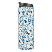 Botanische Blauwe Cream Bloemen en Vlinders Thermosbeker (Geroteerd rechts)