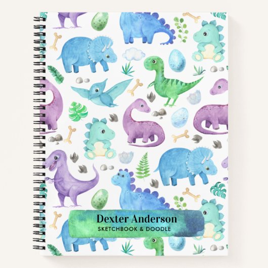 Botanische Blauwe Dino Dinosaurus Aangepaste Naam Notitieboek (Voorkant)