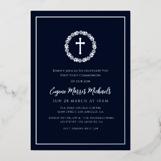 botanische blauwe eerste communie folie uitnodiging (Voorkant)