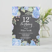 Botanische Blauwe Floral 12e verjaardag Uitnodigin Kaart (Staand voorkant)