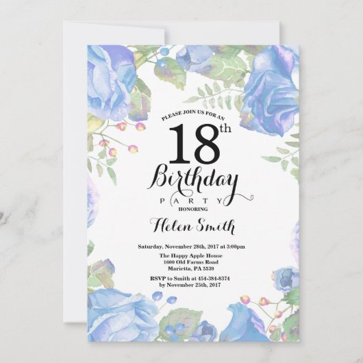Botanische Blauwe Floral 18th Birthday Uitnodiging (Voorkant)