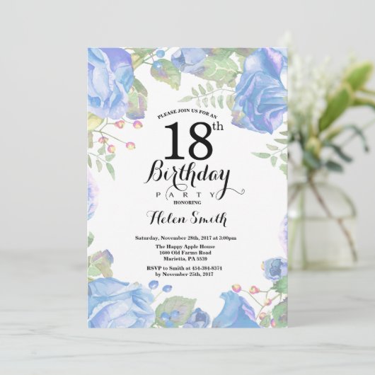 Botanische Blauwe Floral 18th Birthday Uitnodiging (Staand voorkant)