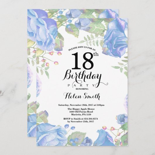 Botanische Blauwe Floral 18th Birthday Uitnodiging (Voorkant / Achterkant)