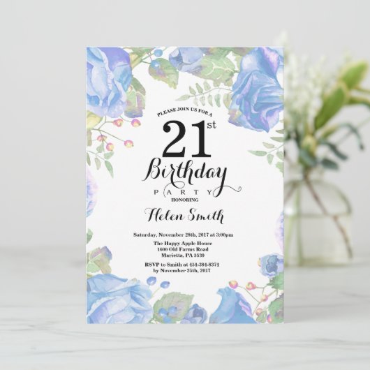 Botanische Blauwe Floral 21e verjaardag Uitnodigin Kaart (Staand voorkant)