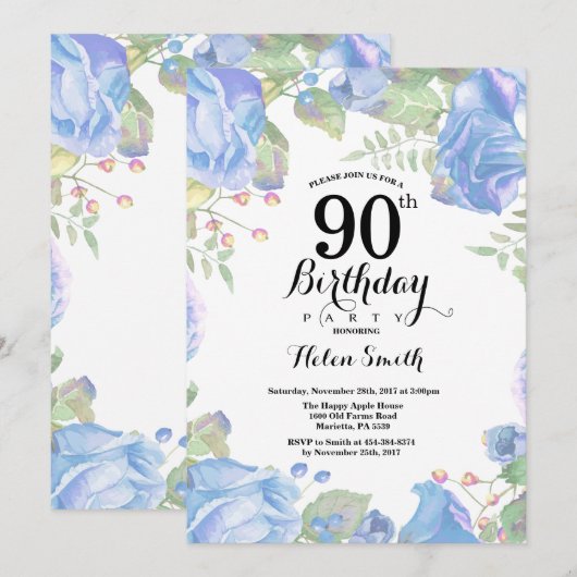 Botanische Blauwe Floral 90th Birthday Uitnodiging (Voorkant / Achterkant)