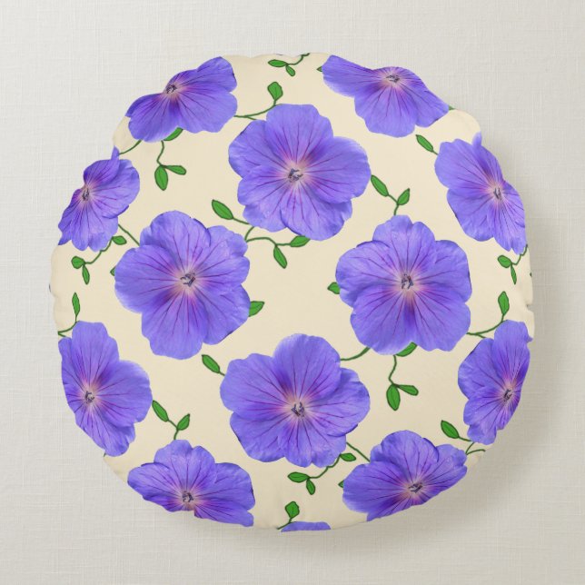 Botanische Blauwe Geraniumbloem Rond Kussen (Voorkant)